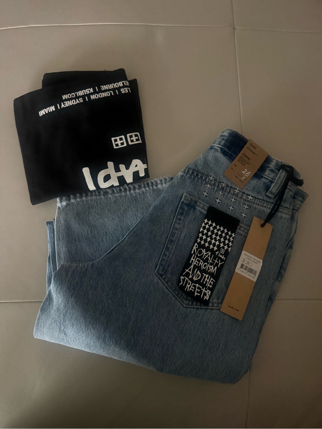 Ksubi Light Blue Straight Jeans With Graphic Back Pocket